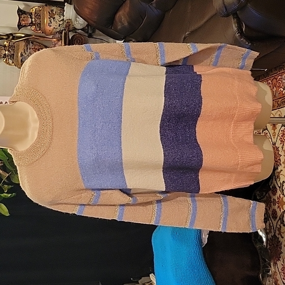 KAFFE Sweater L Blue White Cream Pink Stripes - Picture 1 of 13